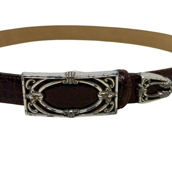 Vtg Brighton Croc Embossed Leather Belt Silver Buckle Size Med Approx 28 - 32” - Picture 2 of 11